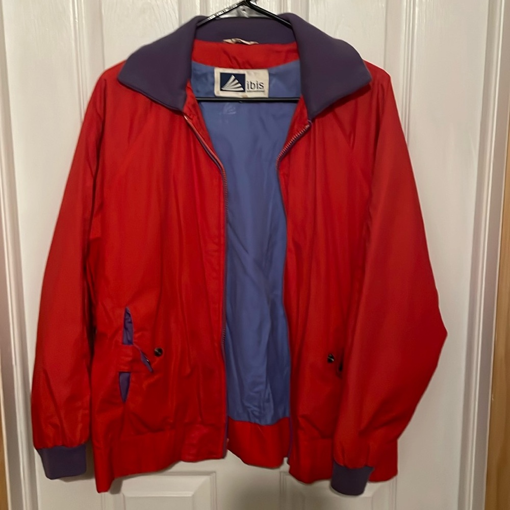 Ibis international red, purple and blue vintage bomber jacket.  C3C